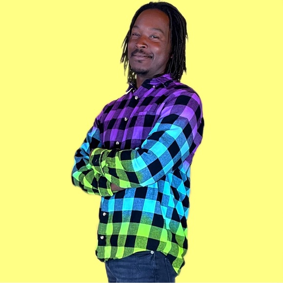 Oversized Flannel Shirt Dip Dye Purple Neon Green Blue Ombre Gradient Tie Dye - Picture 5 of 7